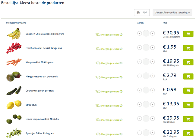 Order template of most ordered products screenshot