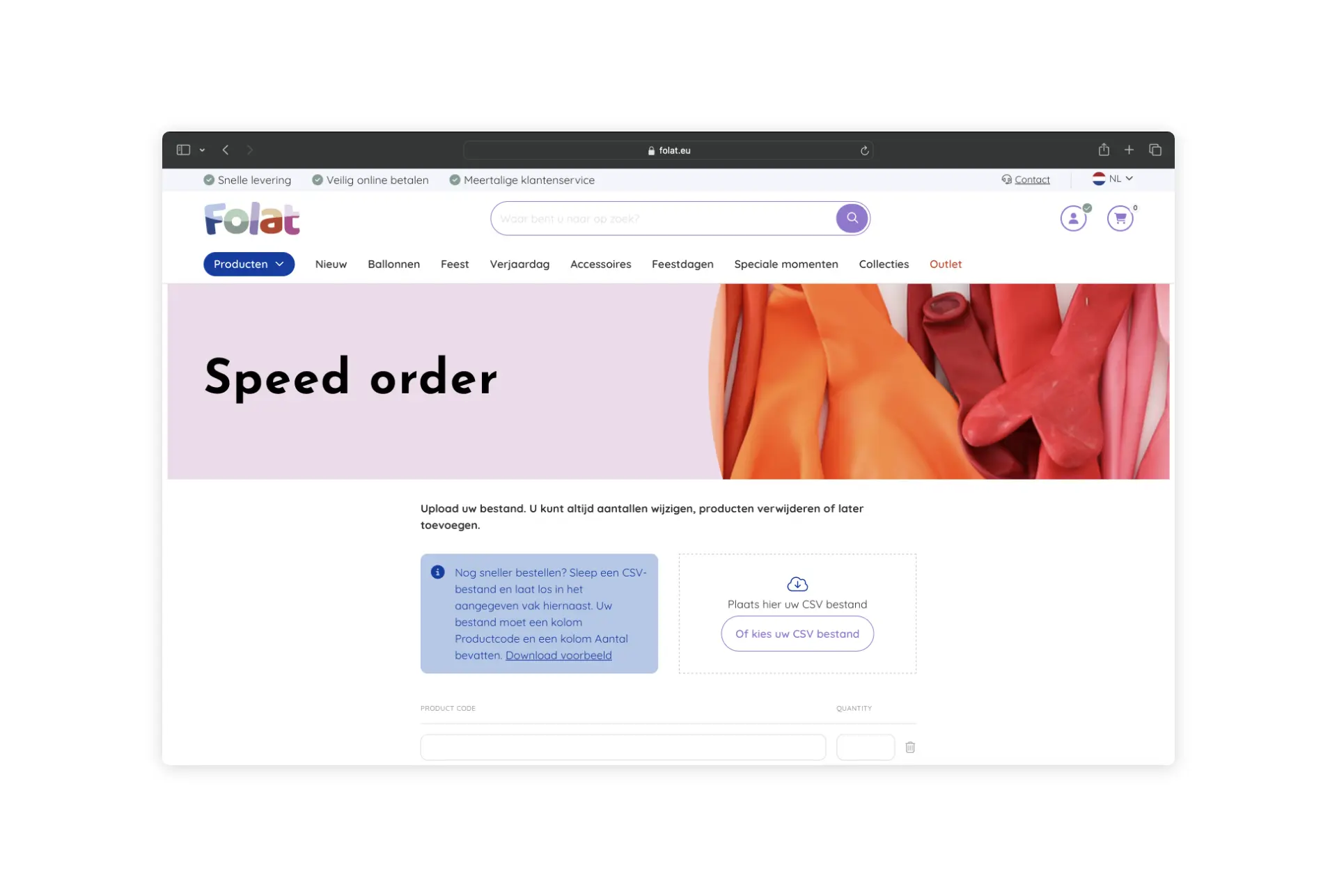 Speed order Folat webshop
