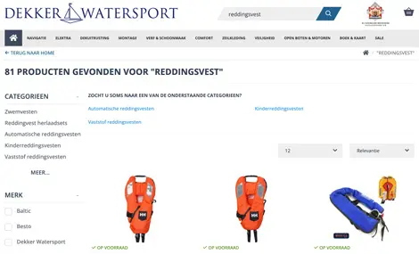 Synonyms in search results Dekker Watersport webshop